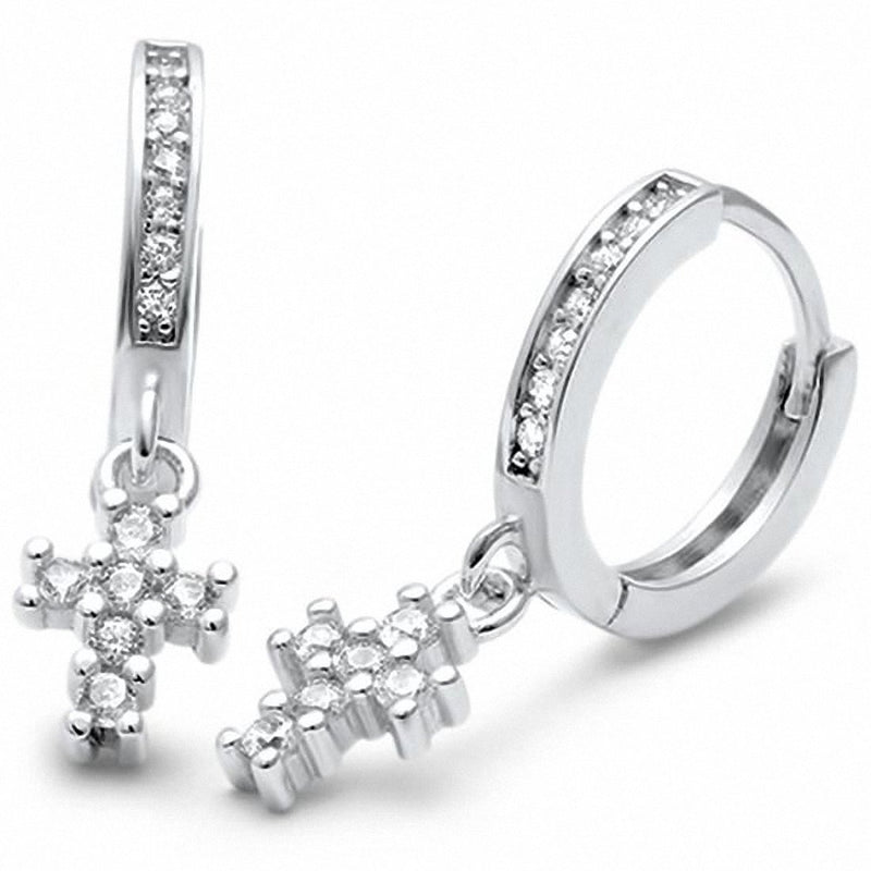 Dangling Cross Hoop Huggie Earrings Round Cubic Zirconia 925 Sterling Silver (12.36 mm)