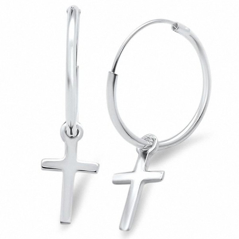Continues Lock Dangling Cross Earrings 925 Sterling Silver