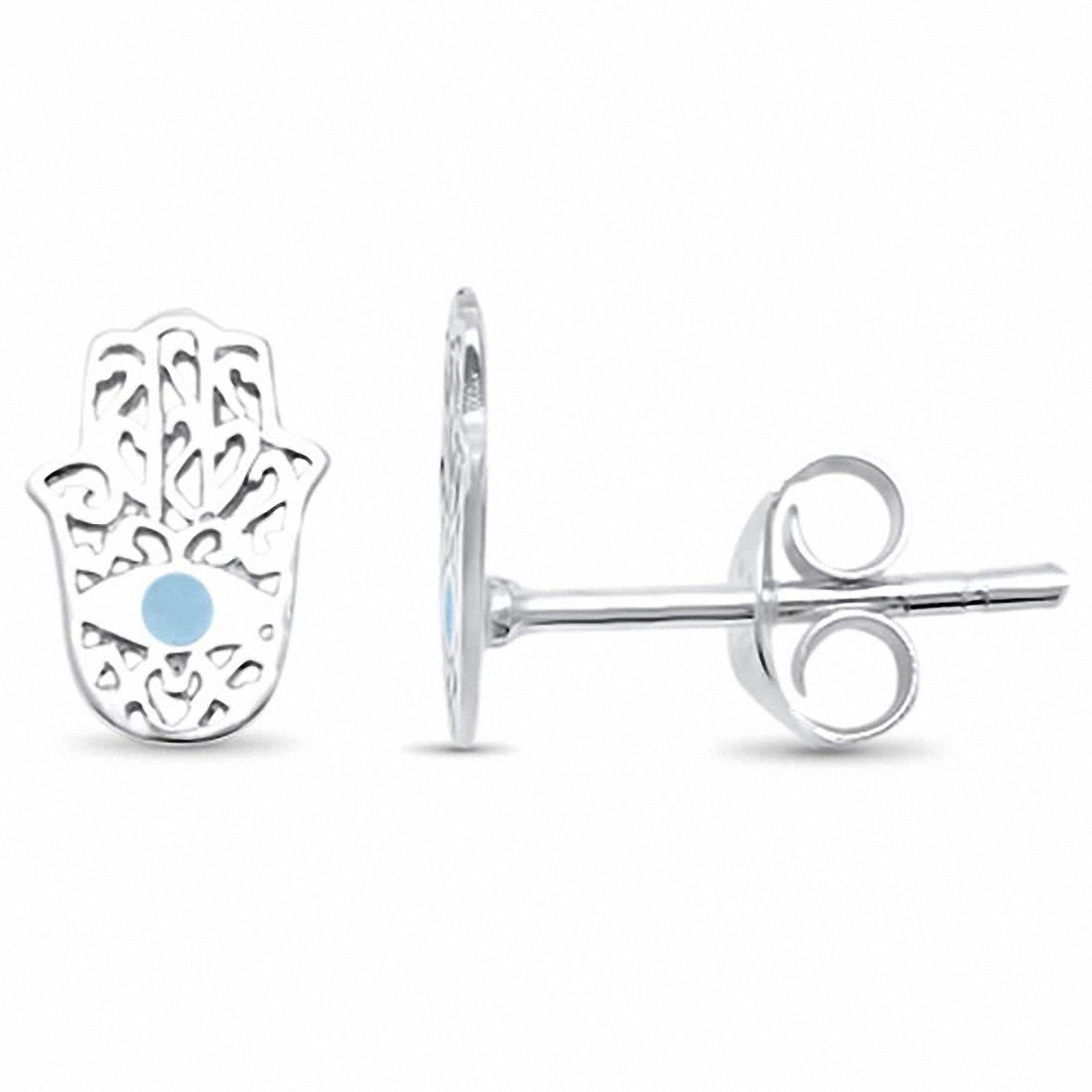 Filigree Hamsa Hand of God Hamesh Stud Earrings 925 Sterling Silver Round Simulated Choose Color