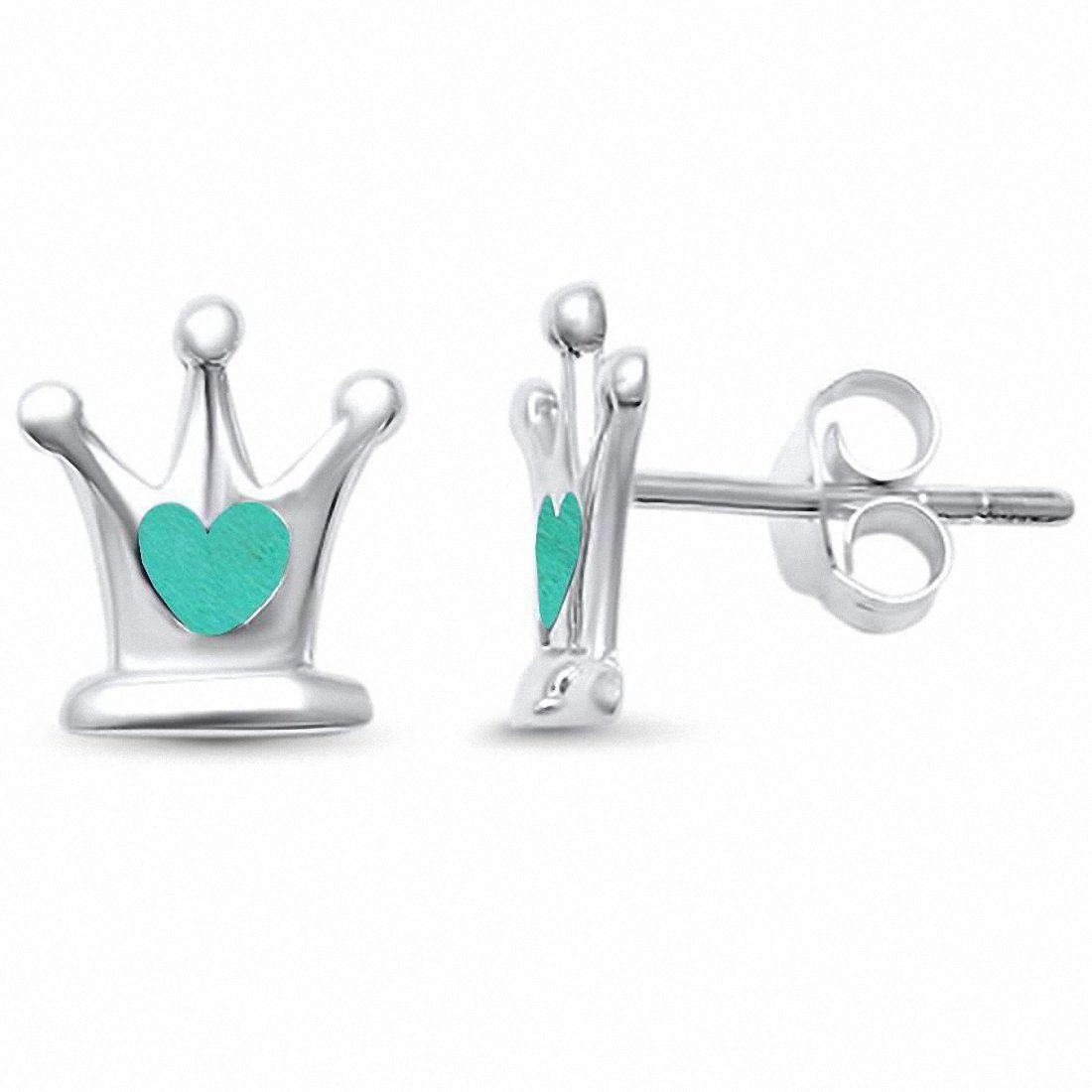 Heart Crown Stud Earrings 925 Sterling Silver Choose Color King Queen Crown Earrings