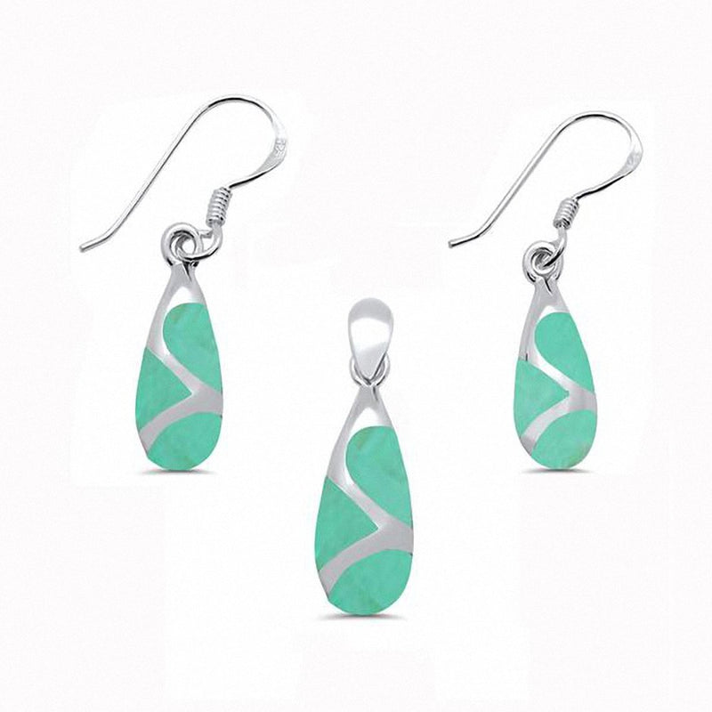 Pear Shape Teardrop Dangling Earrings Pendant Jewelry Set Simulated Abalone 925 Sterling Silver