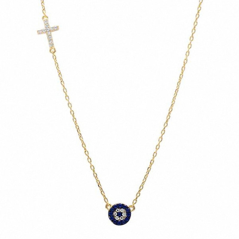 Cross Evil Eye Necklace Round Simulated CZ 925 Sterling Silver