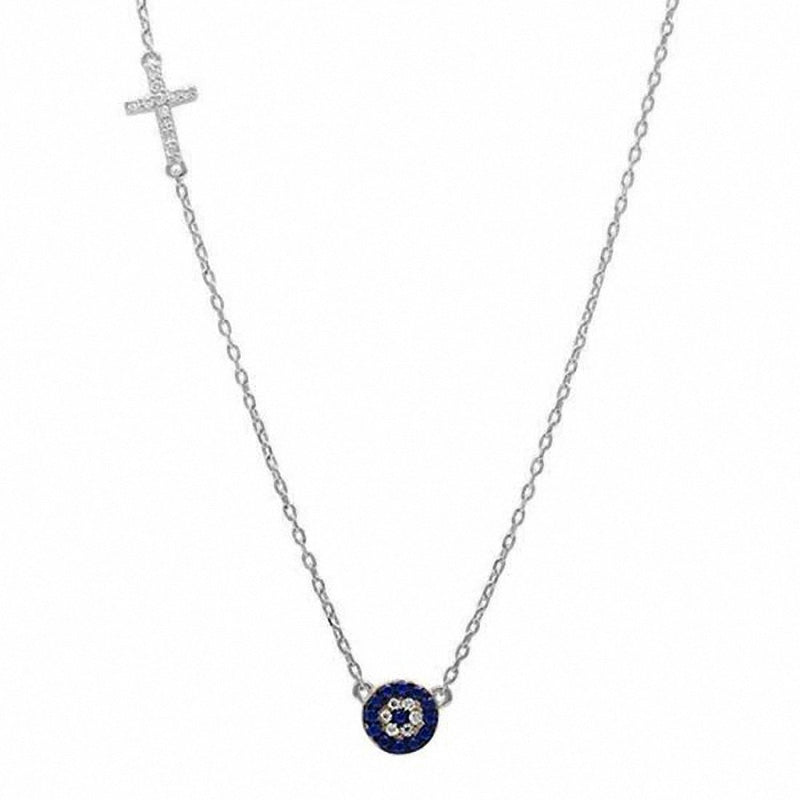 Cross Evil Eye Necklace Round Simulated CZ 925 Sterling Silver