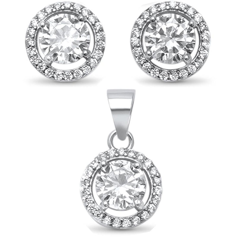 Halo Jewelry Set Pendant Earring Round Cubic Zirconia 925 Sterling Silver