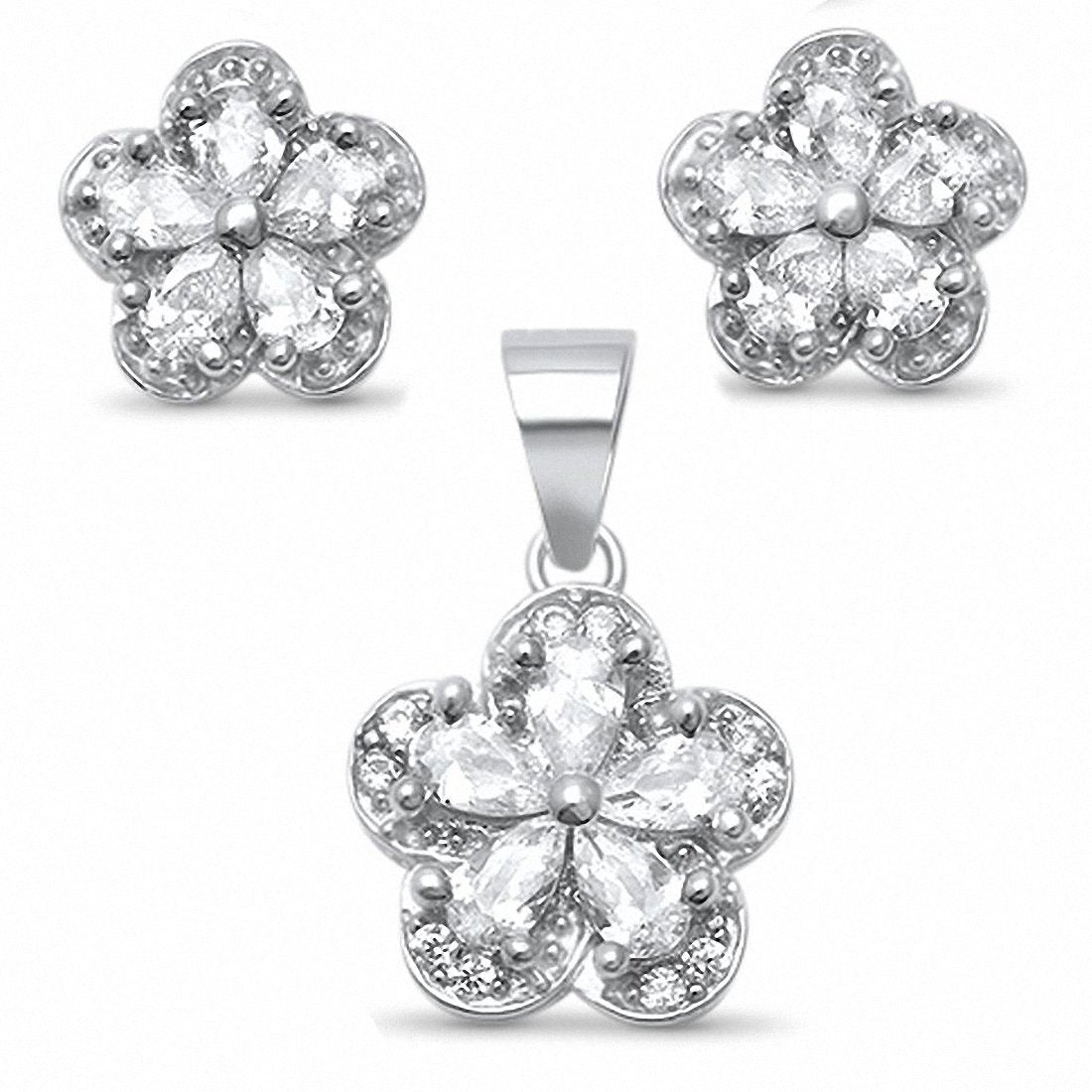 Halo Flower Jewelry Set Pear Round Cubic Zirconia 925 Sterling Silver Choose Color