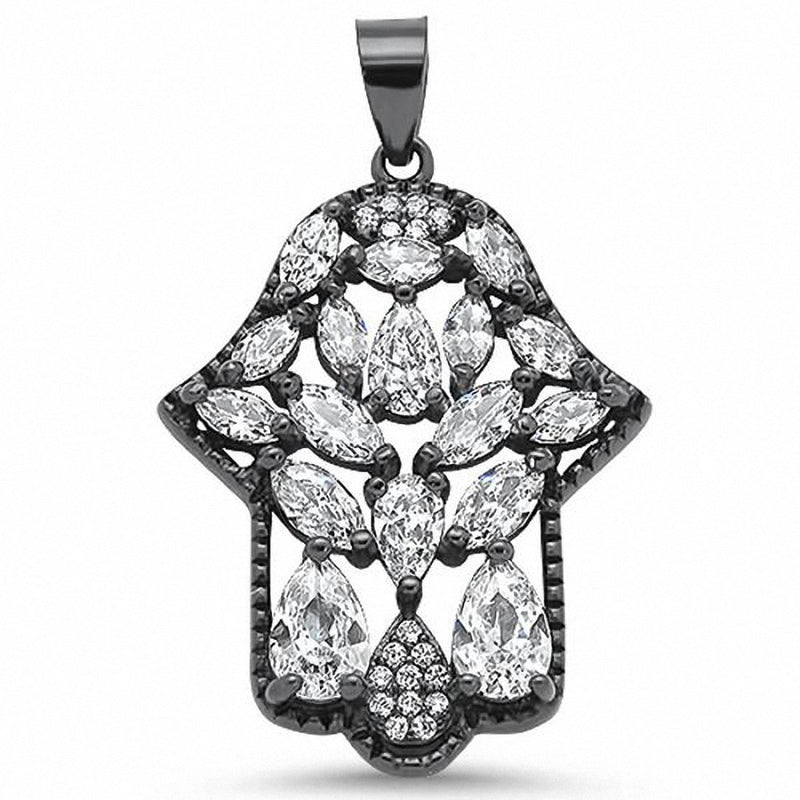 Hamesh Hand Of God Pendant Simulated Multicolored & Round CZ Black Tone 925 Sterling Silver