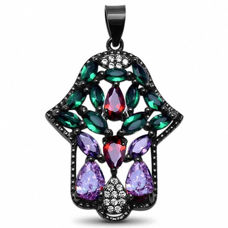Hamesh Hand Of God Pendant Simulated Multicolored & Round CZ Black Tone 925 Sterling Silver