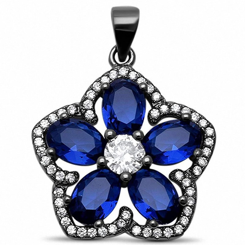 Black Tone Flower Pendant Oval Simulated Sapphire Round Cubic Zirconia 925 Sterling Silver