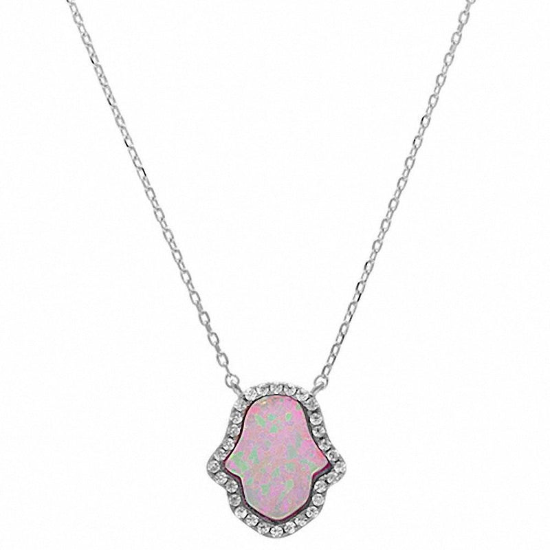 Hamsa Hand of God Necklace Pendant Round Lab Created Opal 925 Sterling Silver