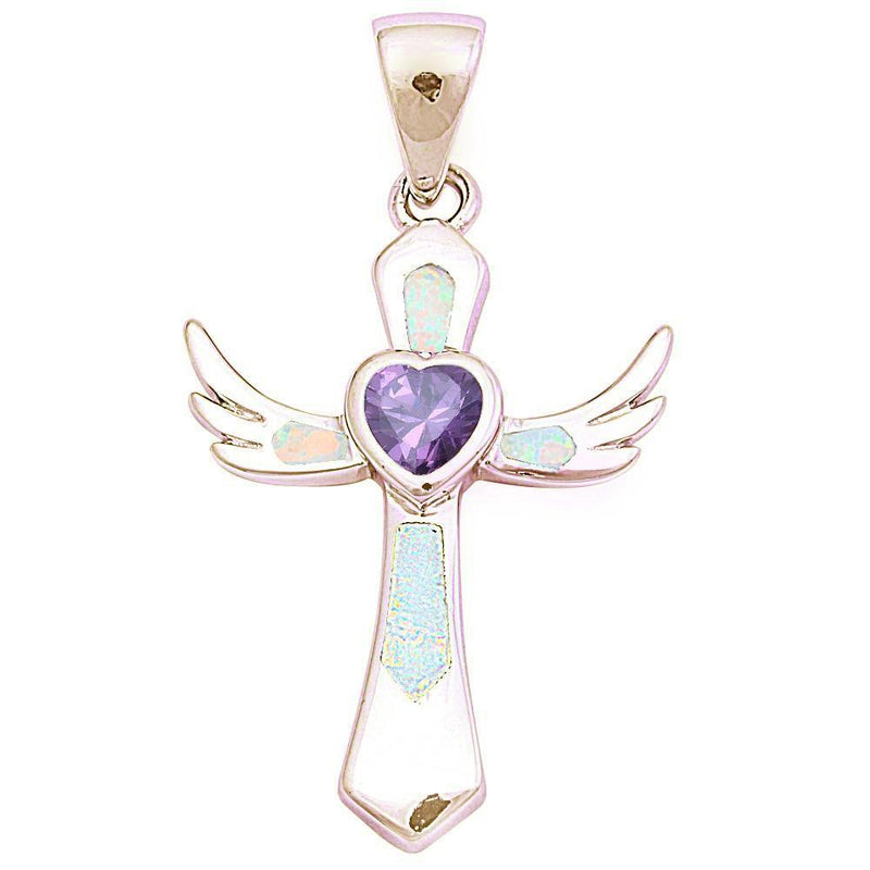 Cross Angel Wing Pendant Lab Created White Opal Heart Simualted Amethyst 925 Sterling Silver