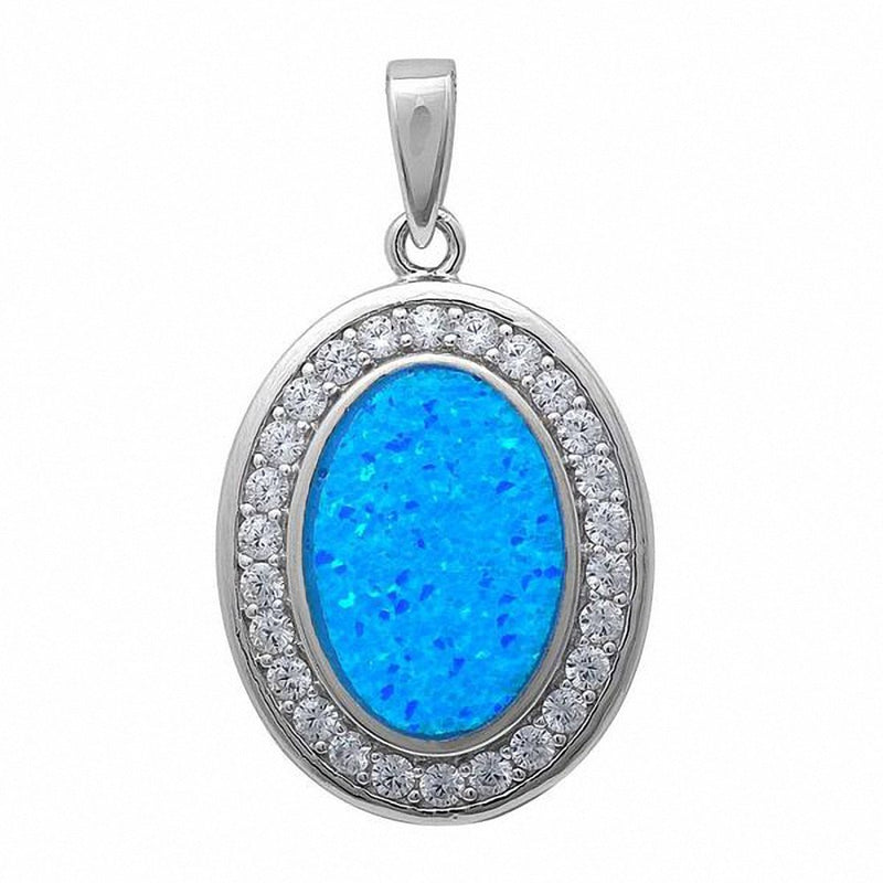 Oval Halo Style Pendant Round Lab Created Opal 925 Sterling Silver
