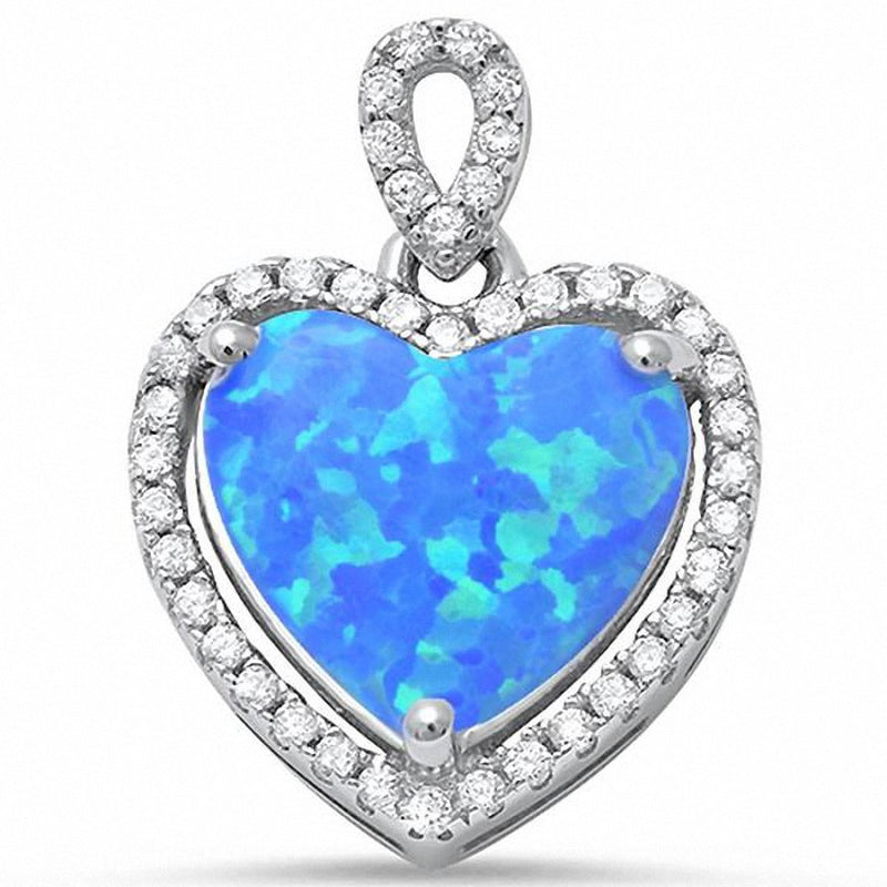Halo Heart Pendant Heart Created Opal Round Cubic Zirconia 925 Sterling Silver (19 mm)