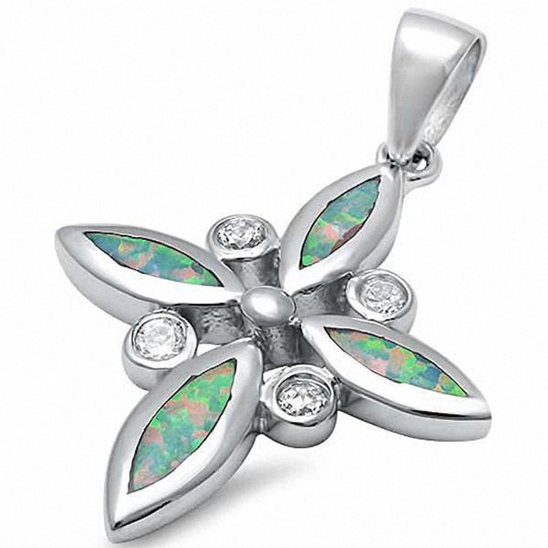 Cross Pendant Lab Created Opal Round Cubic Zirconia 925 Sterling Silver