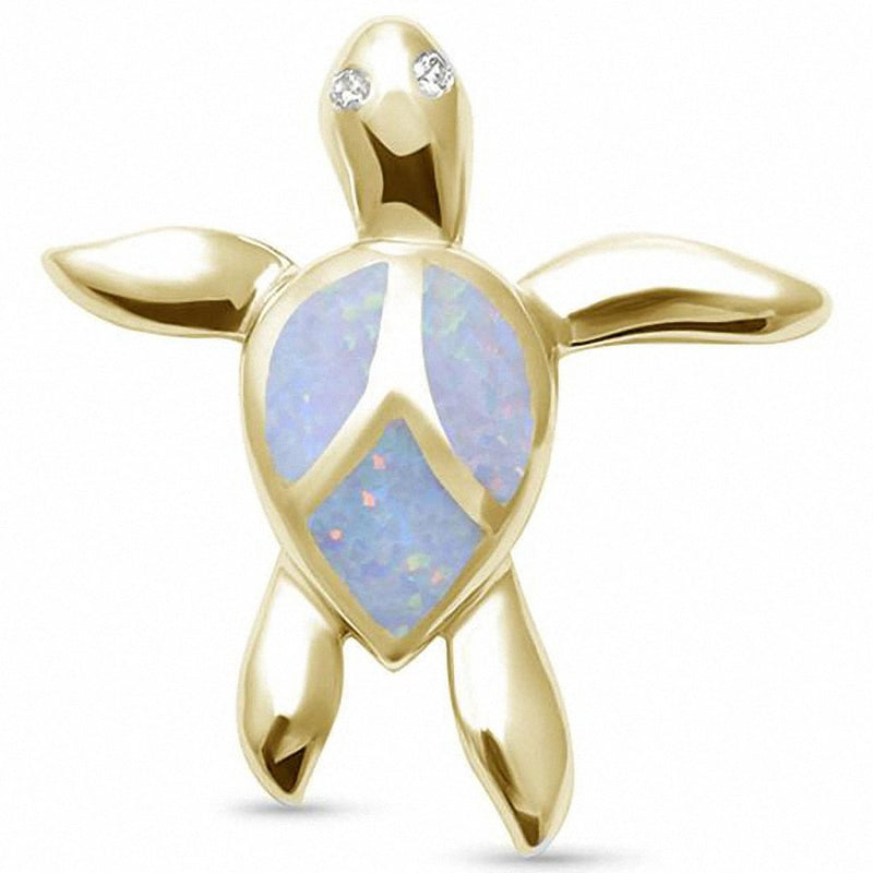 Turtle Pendant Charm Round Simulated Cubic Zirconia Lab Created White Opal 925 Sterling Silver Choose Color
