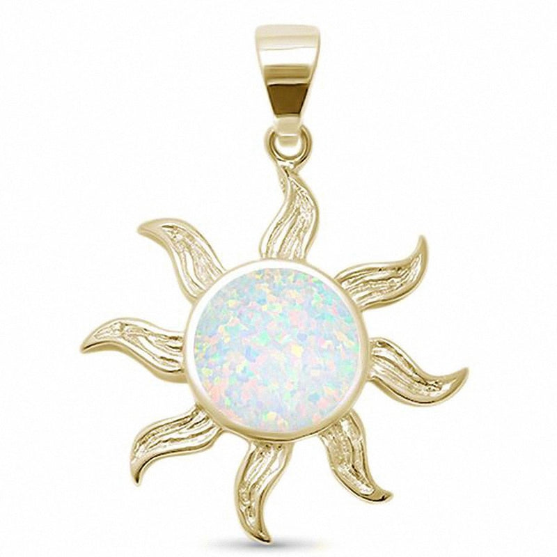Sun Pendant Charm Yellow Tone, Lab Created White Opal 925 Sterling Silver
