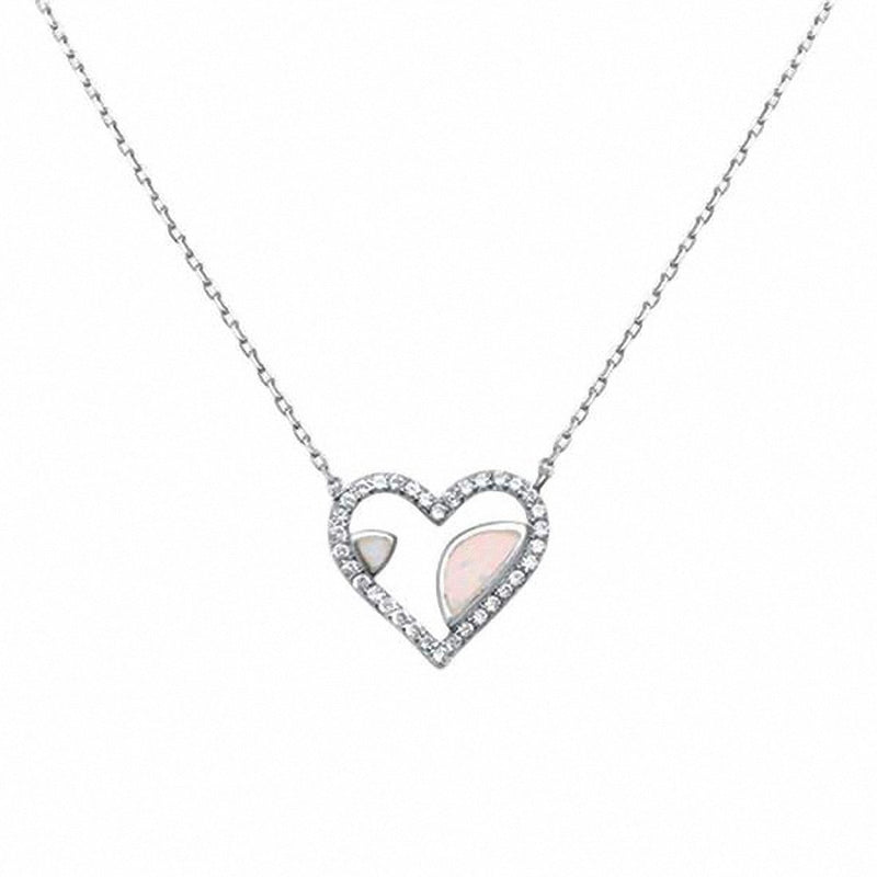 Heart Necklace Lab Created Opal Simulated Round Cubic Zirconia 925 Sterling Silver