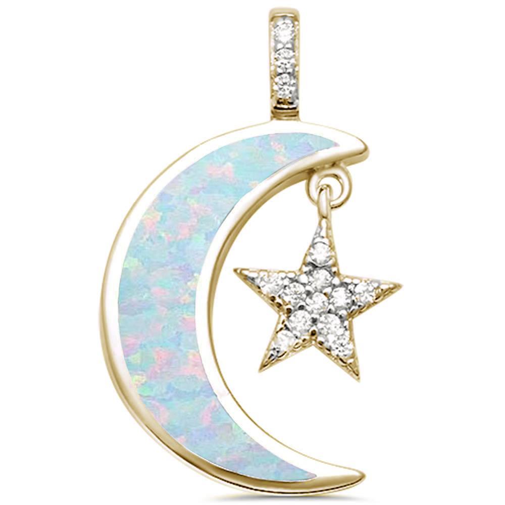 Crescent Moon Dangling Star Pendant Lab Created White Opal Round Simulated Cubic Zirconia 925 Sterling Silver Choose Color
