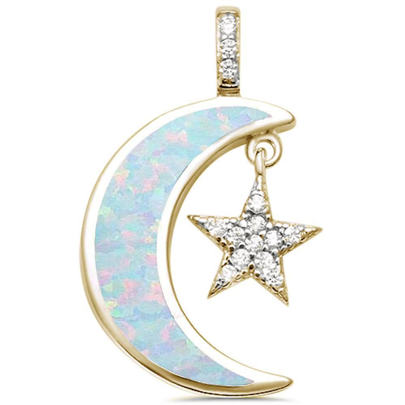 Crescent Moon Dangling Star Pendant Lab Created White Opal Round Simulated Cubic Zirconia 925 Sterling Silver Choose Color