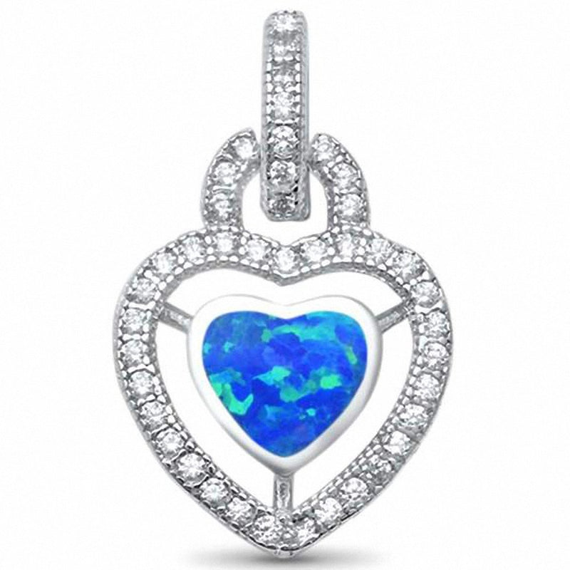 Halo Design Heart Pendant Created Opal 925 Sterling Silver Choose Color