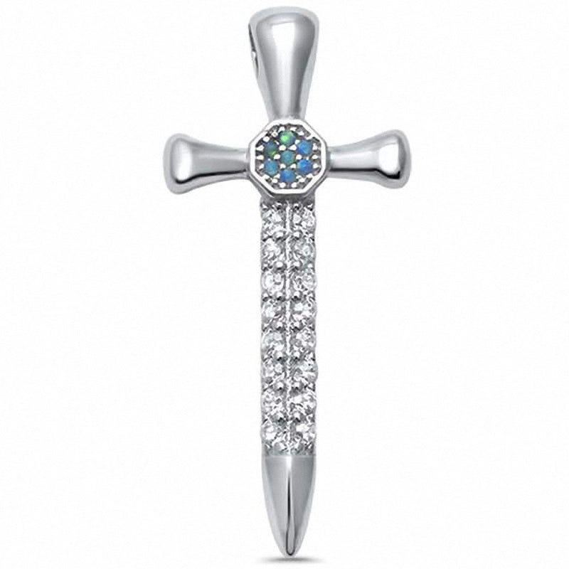 Sword Cross Pendant Round Created Blue Opal Cubic Zirconia 925 Sterling Silver