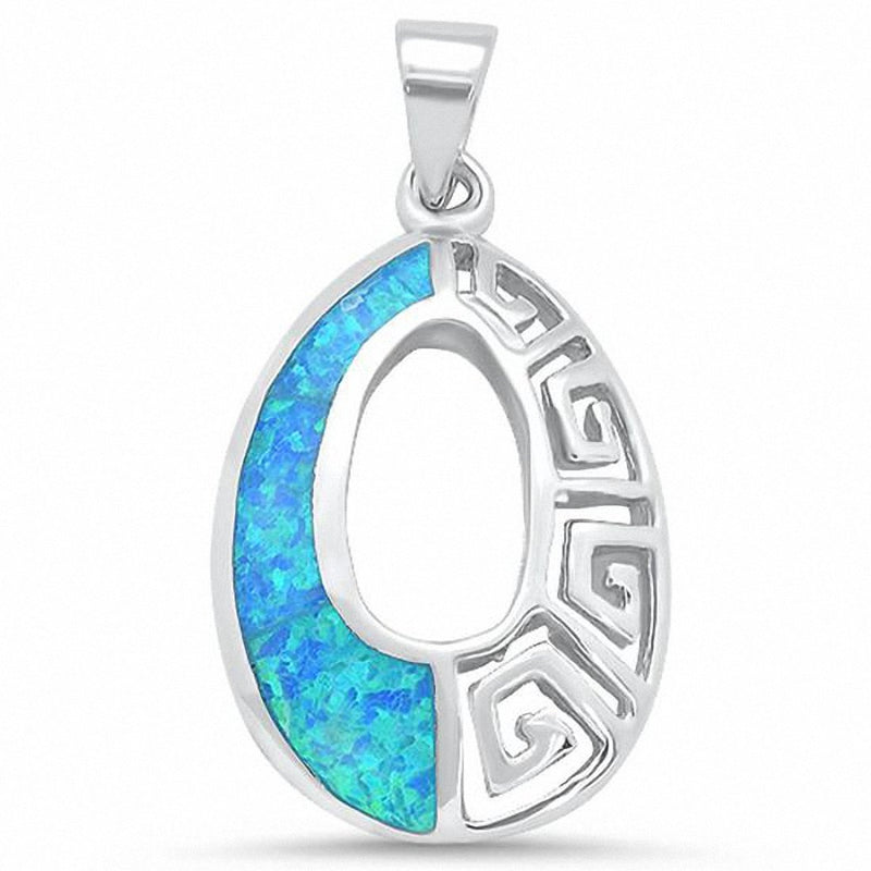 Greek Key Pendant Open Oval Shape Lab Created Opal 925 Sterling Silver