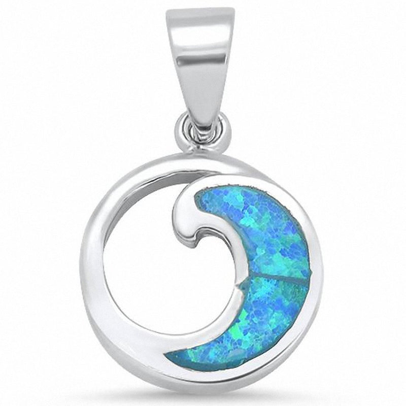 Wave Pendant Created Blue Opal 925 Sterling Silver
