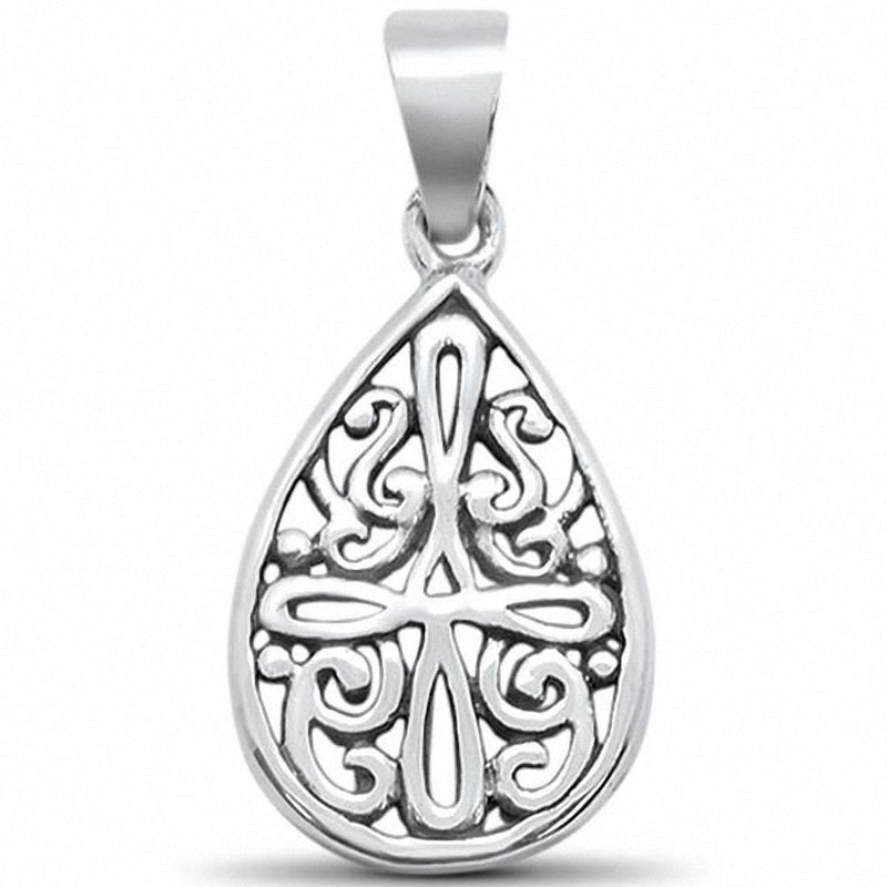 Pear Teardrop Cross Pendant Filigree 925 Sterling Silver