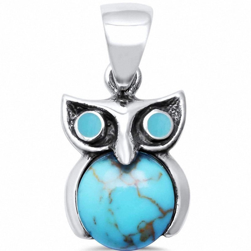 Charm Owl Pendant Simulated  Larimar Solid 925 Sterling Silver