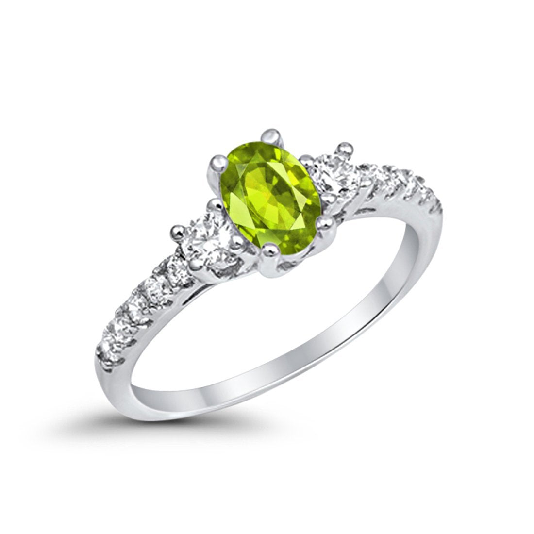 Three Stone Engagement Ring Oval Simulated Green Emerald CZ Round Cubic Zirconia 925 Sterling Silver Choose Color