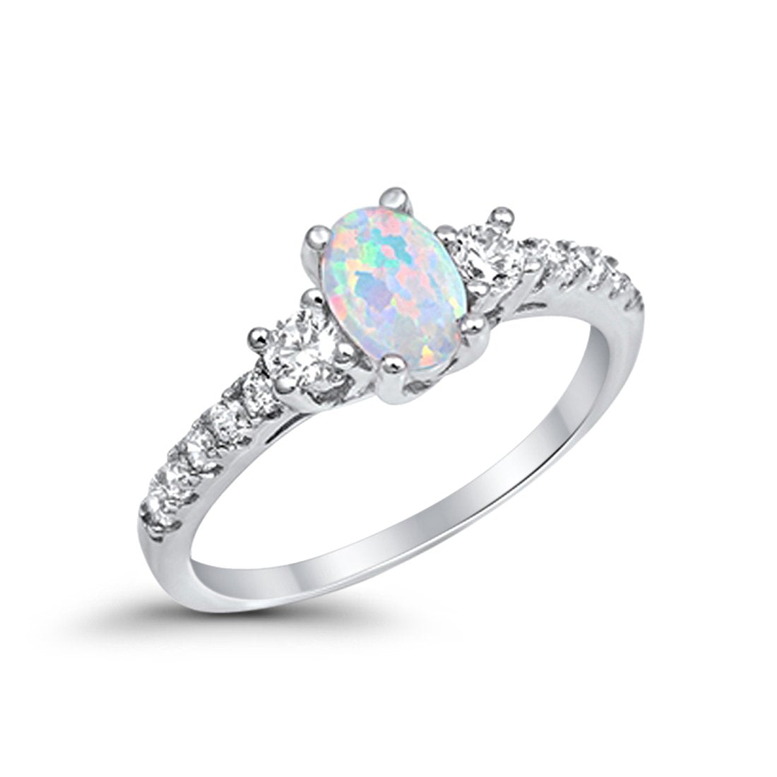 Three Stone Engagement Ring Oval Simulated Green Emerald CZ Round Cubic Zirconia 925 Sterling Silver Choose Color