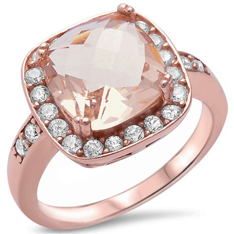 Halo Ring Cushion Cut Simulated Morganite Round CZ Rose Gold Rhodium Plated - Blue Apple Jewelry