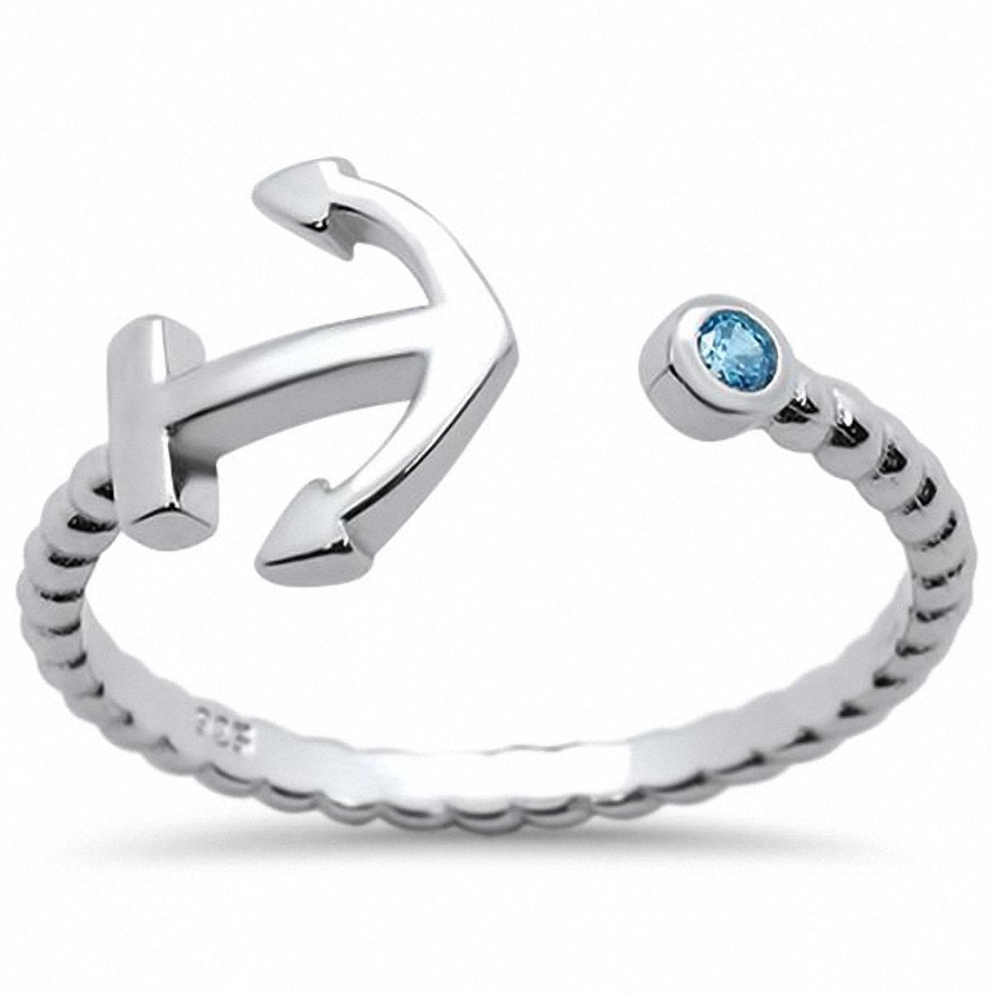 Sideways Anchor Ring Midi Thumb Round Simulated Blue Topaz 925 Sterling Silver