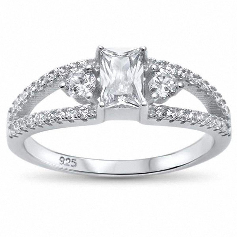 Fashion 3-Stone Ring Radiant Simulated Round CZ 925 Sterling Silver Choose Color