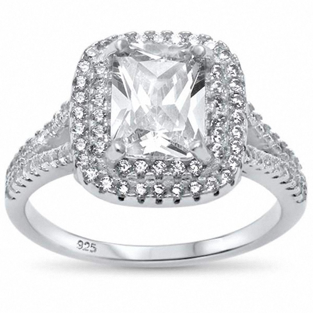 Double Halo Split Shank Radiant Engagement Ring Simulated Stone 925 Sterling Silver