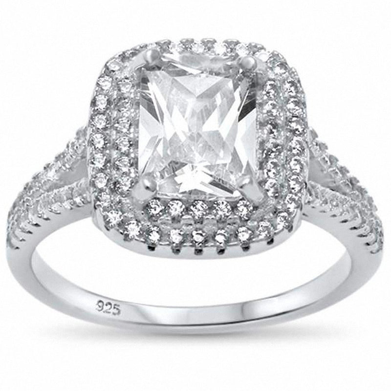 Double Halo Split Shank Radiant Engagement Ring Simulated Stone 925 Sterling Silver