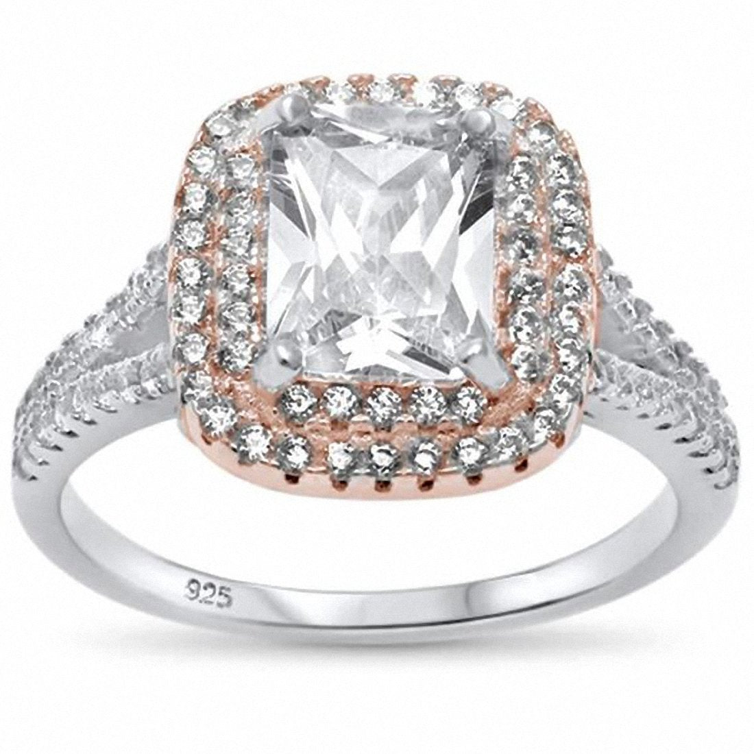 Double Halo Split Shank Radiant Engagement Ring Simulated Stone 925 Sterling Silver