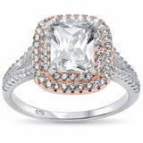 Double Halo Split Shank Radiant Engagement Ring Simulated Stone 925 Sterling Silver
