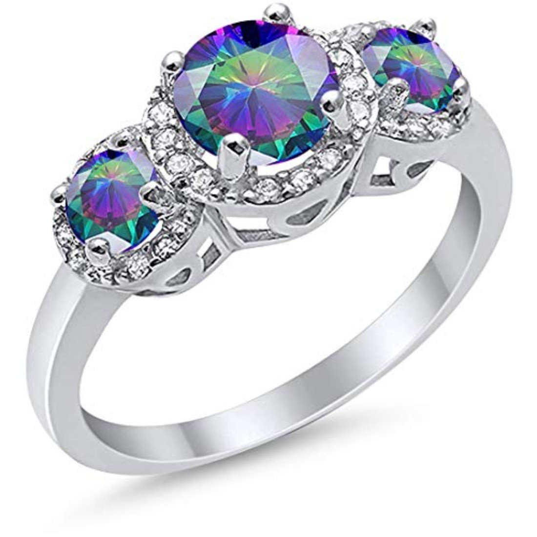 3 Stone Halo Wedding Ring Simulated Cubic Zirconia 925 Sterling Silver