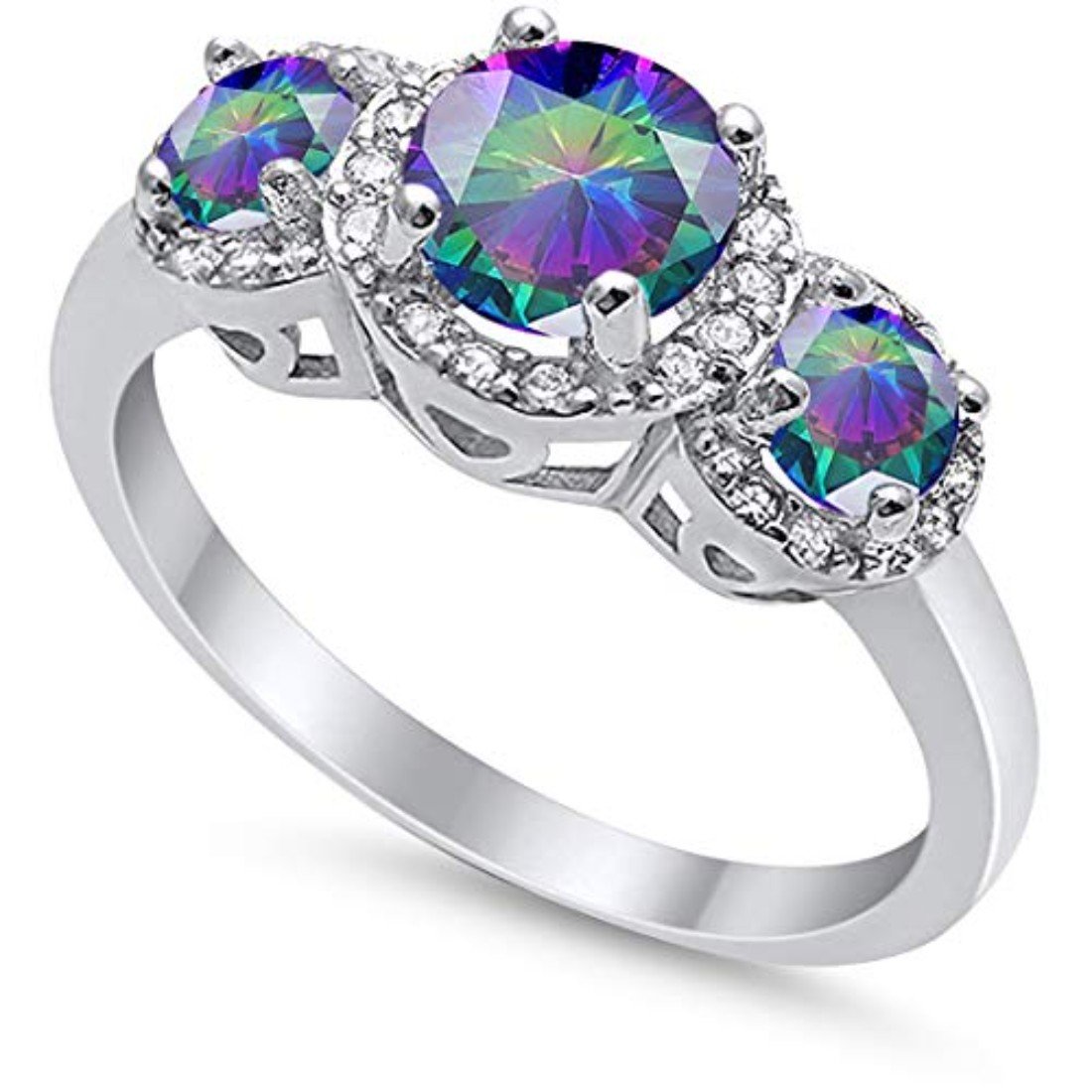 3 Stone Halo Wedding Ring Simulated Cubic Zirconia 925 Sterling Silver