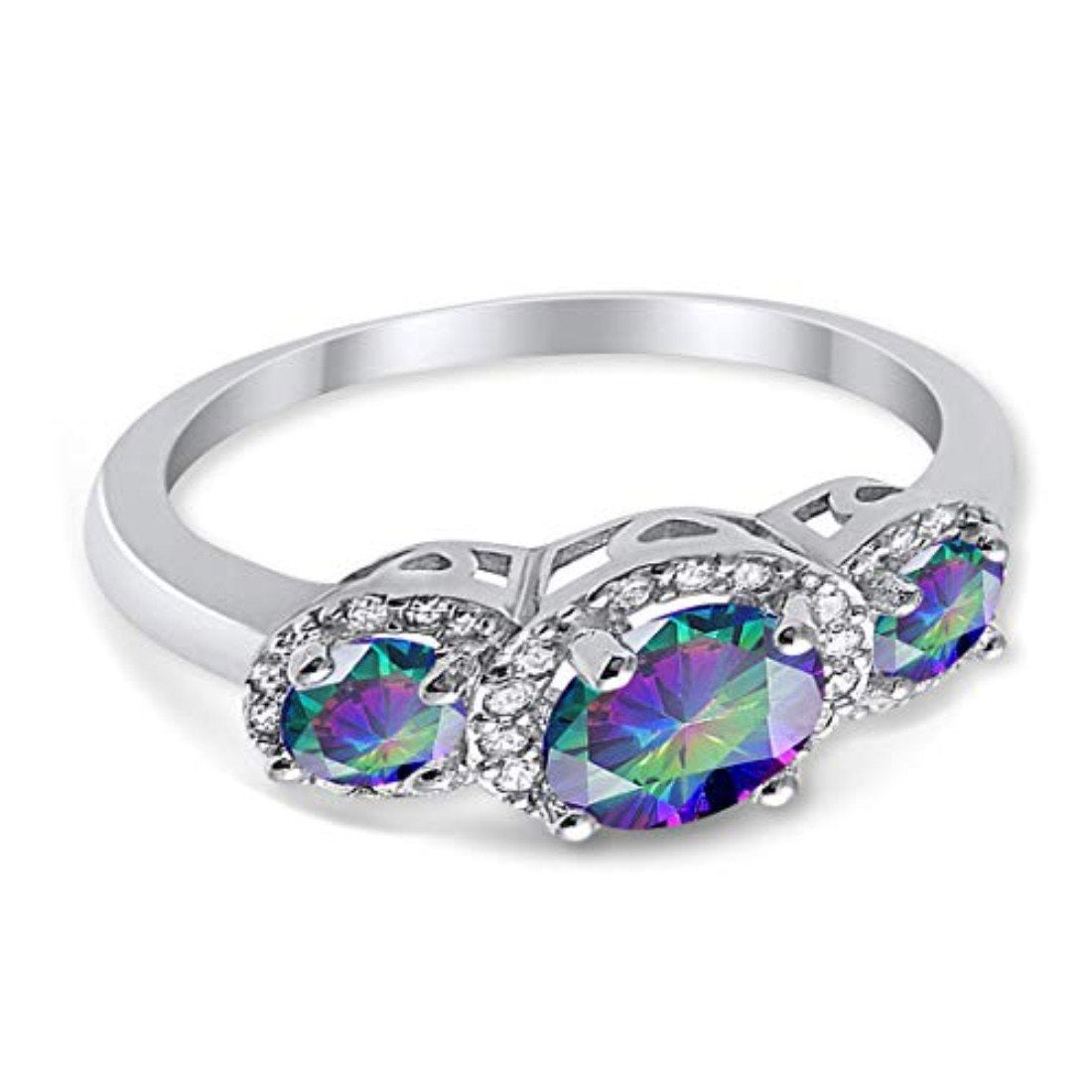 3 Stone Halo Wedding Ring Simulated Cubic Zirconia 925 Sterling Silver