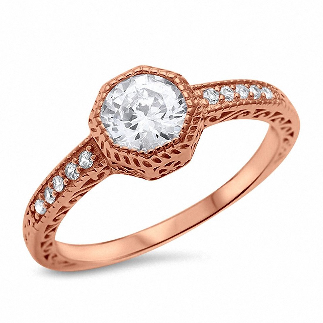 Filigree Wedding Engagement Ring Bezel Round Cubic Zirconia Solitaire Accent 925 Sterling Silver Choose Color
