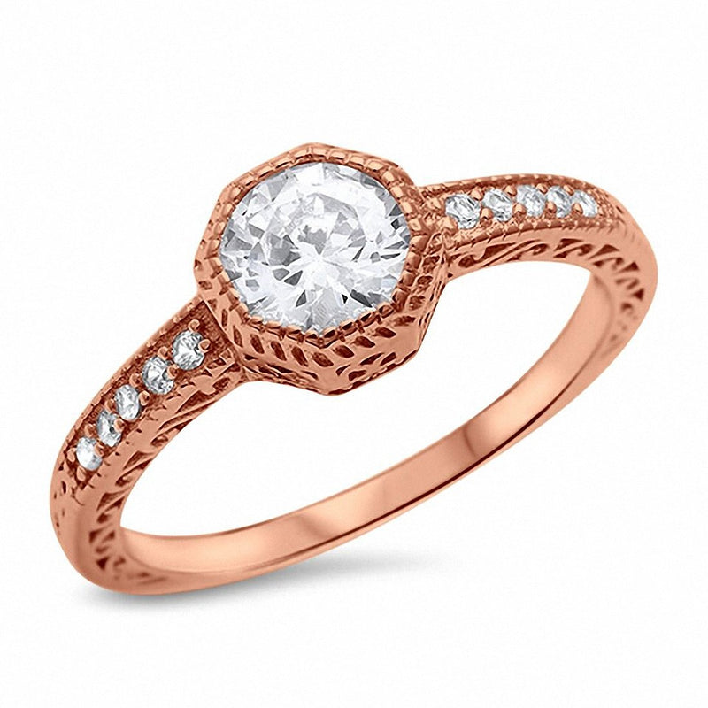 Filigree Wedding Engagement Ring Bezel Round Cubic Zirconia Solitaire Accent 925 Sterling Silver Choose Color