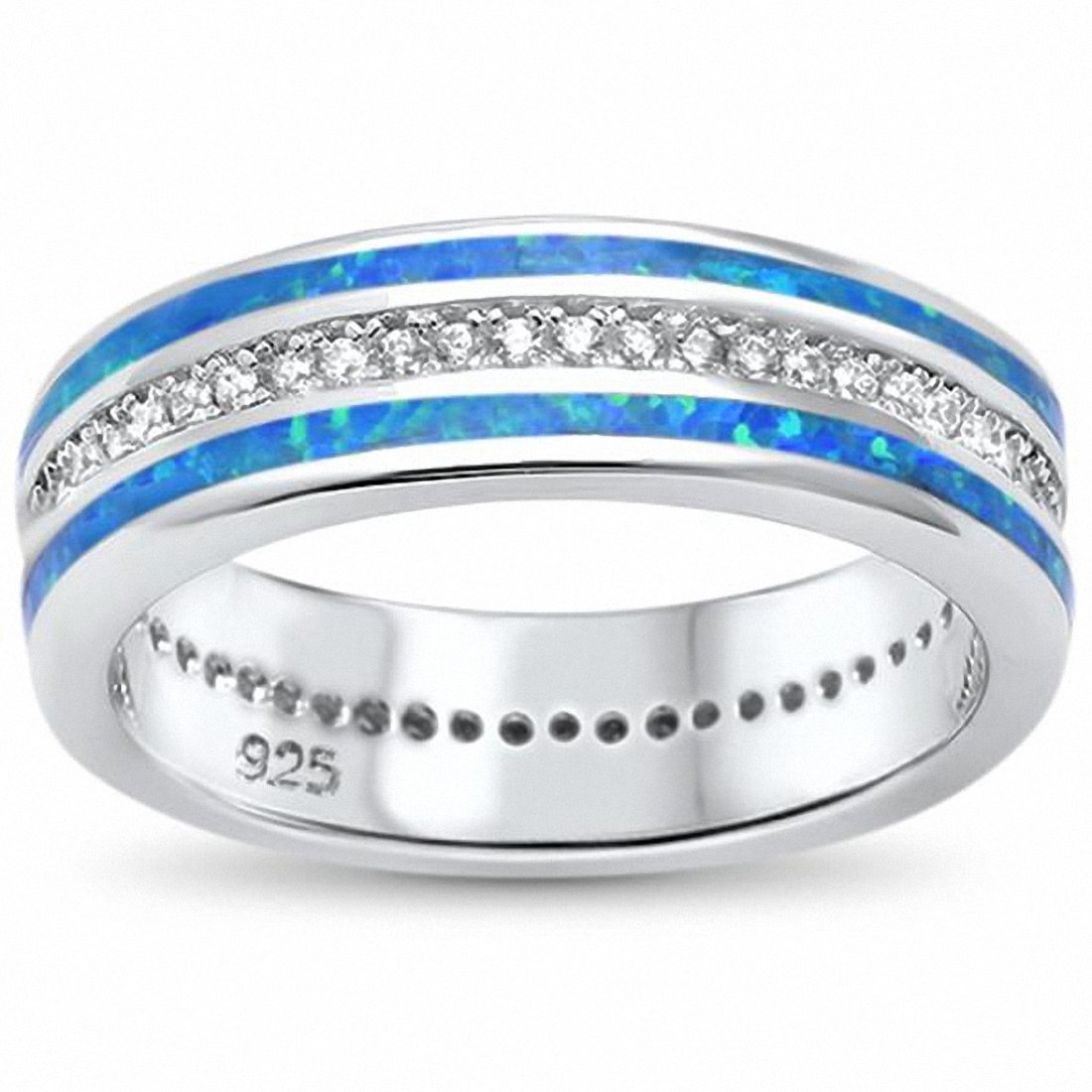 5mm Band Ring Created Opal Round Cubic Zirconia 925 Sterling Silver Triple Row