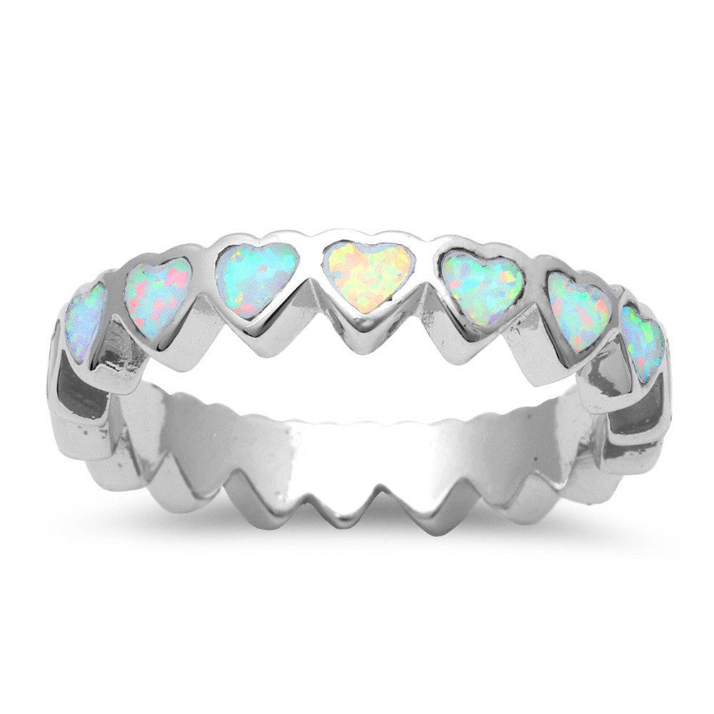 4mm Full Eternity Heart Band Ring Stackable Lab Created Blue Opal 925 Sterling Silver - Blue Apple Jewelry