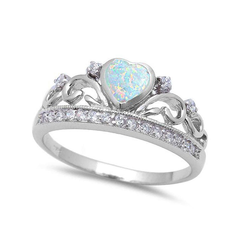 Half Eternity Heart Crown Ring White Opal Round Cubic Zirconia Solid 925 Sterling Silver