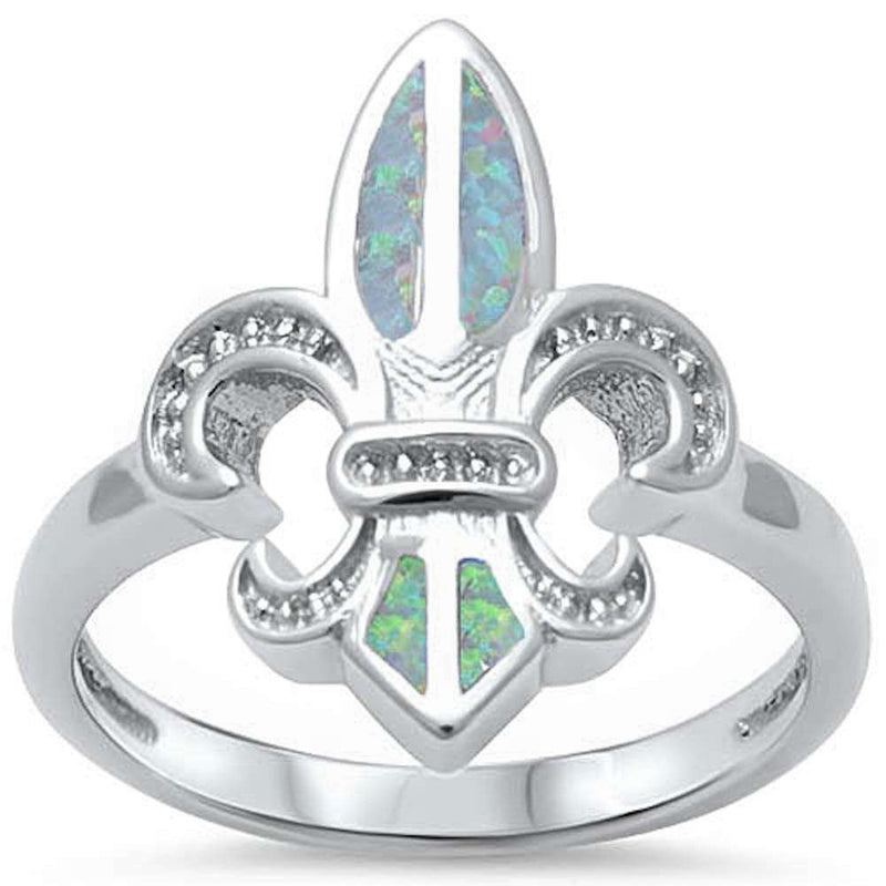 Fleur De Lis Ring Lab Created Blue Opal 925 Sterling Silver - Blue Apple Jewelry