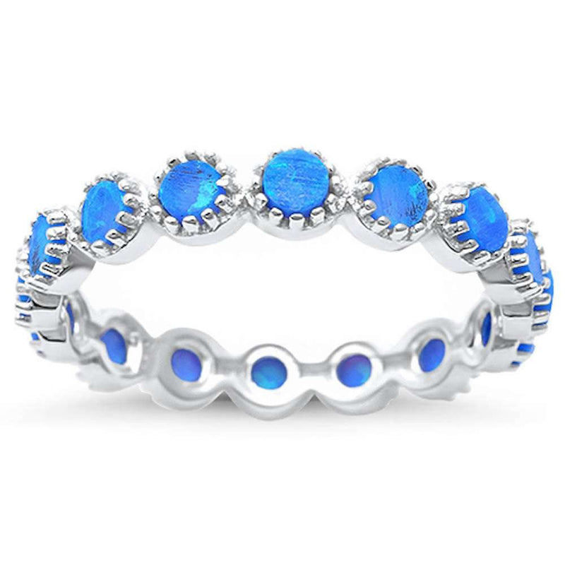 3.5mm Full Eternity Stackable Band Ring Round Lab Created Blue Opal 925 Sterling Silver - Blue Apple Jewelry
