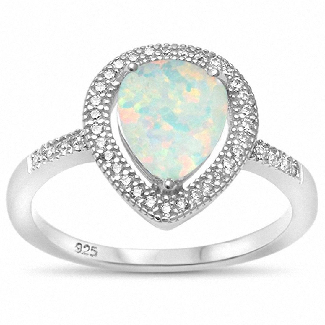 Halo Teardrop Bridal Ring Pear Lab Created Blue Opal Simulated Round Cubic Zirconia 925 Sterling Silver Choose Color