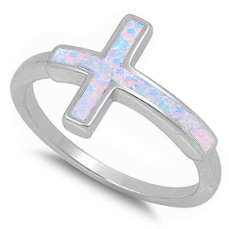Sideways Cross Ring Lab Created White Opal 925 Sterling Silver Choose Color