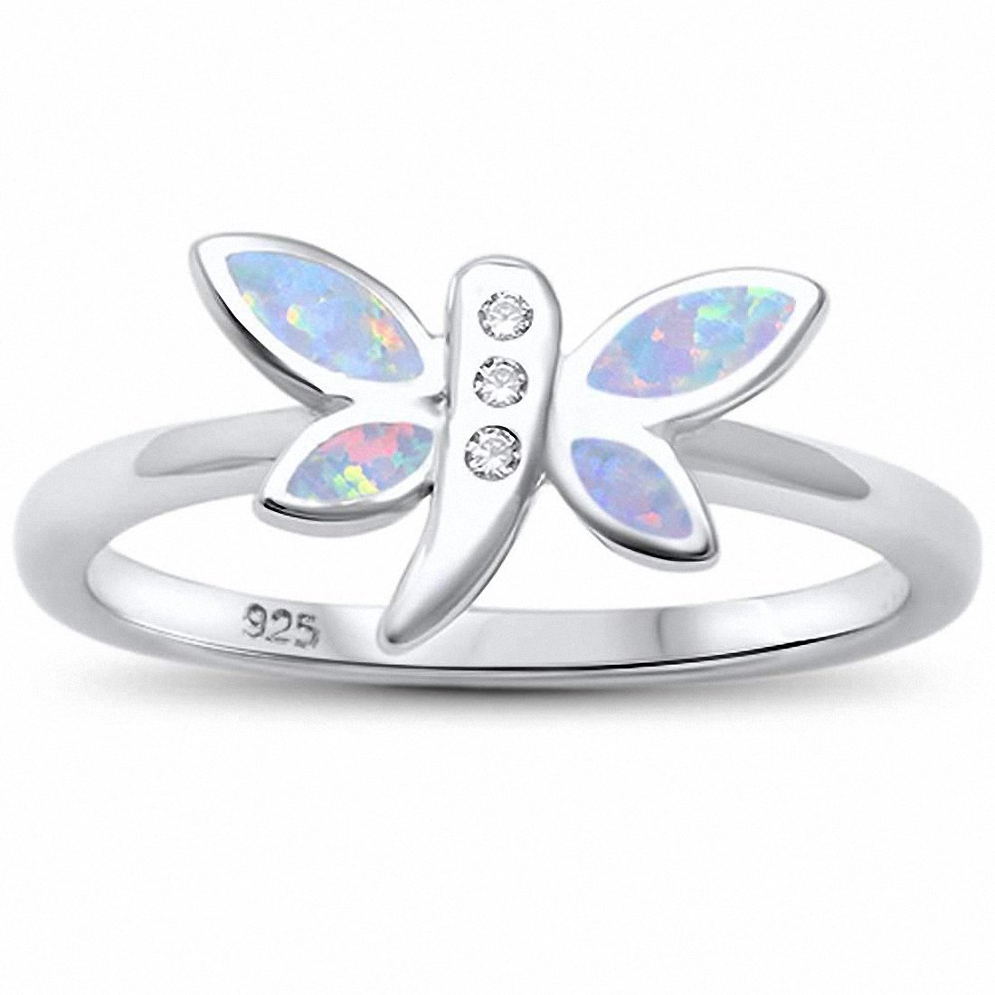 Dragonfly Ring Round Cubic Zirconia Created Opal 925 Sterling Silver Choose Color